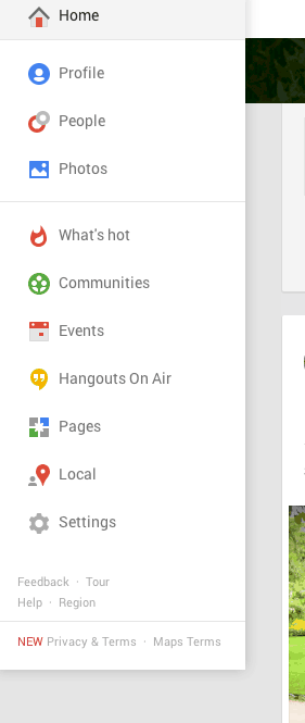 Screen Shot of Google+ Menu