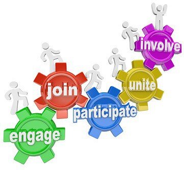 A team of people marching up gears with words Engage, Join, Participate, Unite and Involve to illustrate teamwork and reaching new heights together