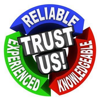 The words Trust Us surrounded by arrows in a cirle diagram pattern each with a word - reliable, experienced, knowledgeable