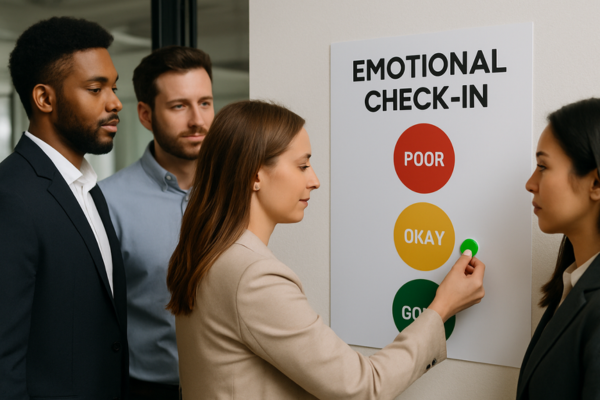 Group of office workers checking in their emotions on a traffic light system