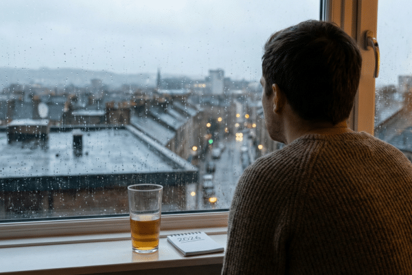 Looking out of window glass half empty