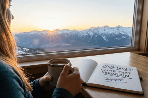 Woman looking towards a mountain she wants to climb