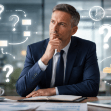 Business person considering facts and figures