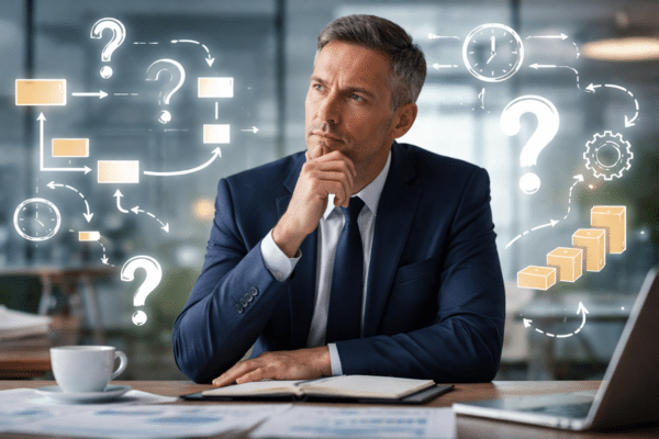 Business person considering facts and figures